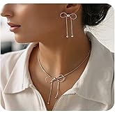 Quivox Bow Earrings Necklaces Set,Gold Bow Herringbone Jewelry Sets,Snake Chain Bowknot Earrings Necklace for Women