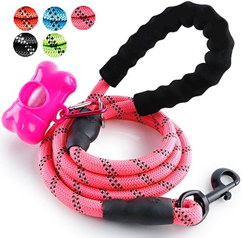 Fukkie 5 FT Strong Dog Leash with Comfortable Padded Handle and Highly Reflective Threads, Heavy Duty Nylon Rope Leashes for Medium and Large Dogs, Pink