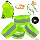 Reflective Bands Reflector Running Gear - Adjustable Reflective Armband Arm Wrist Ankle Leg band - Reflective Tape Strap for Clothing Biking and Safety Night Walking for Men and Woman (4 Bands, Green)