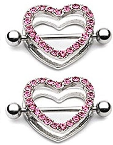 Pink Gem Paved Heart Nipple Shield Ring 14GA 7/8" Length (2 PACK)