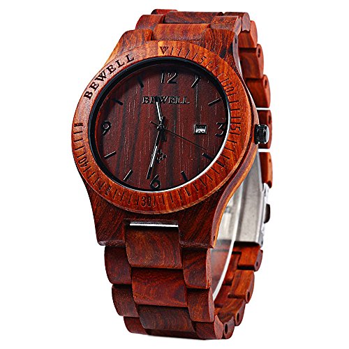 Bewell W086B Mens Wooden Watch Analog Quartz Lightweight Handmade Wood Wrist Watch (Red Sandalwood)