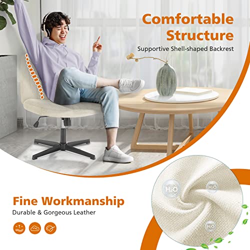 Sweetcrispy Criss Cross Chair, Armless Swivel Desk Chair No Wheels, Adjustable Height Wide Seat Vanity Chair, Computer Task Desk Seating for Home Bedroom, Beige