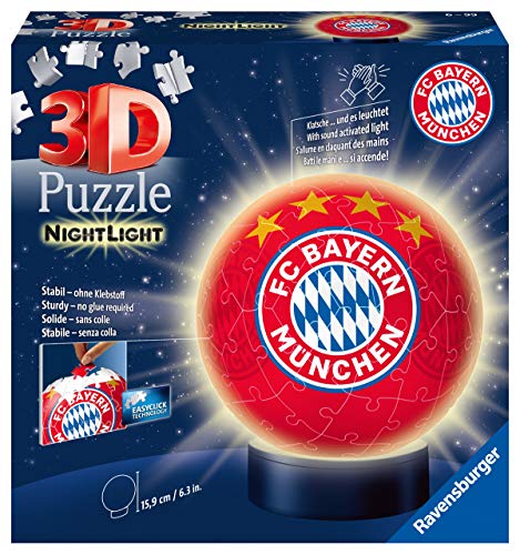 Ravensburger 3D Puzzle 12177 - Nachtlicht Puzzle-Ball FC Bayern München - ab 6 Jahren, LED Nachttischlampe mit Klatsch-Schalter