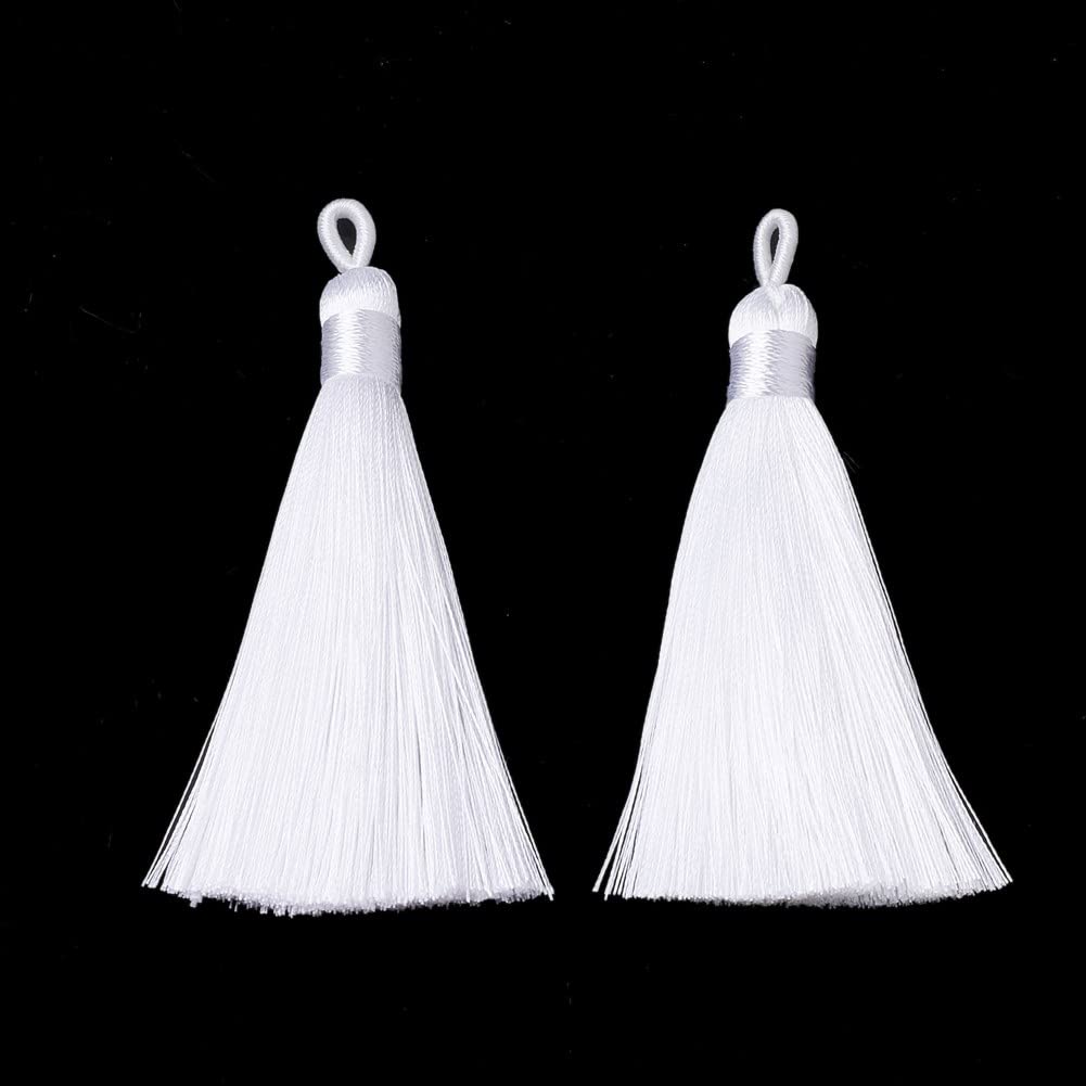 20 pcs White Silky Soft 8cm-9cm Tassels with Hanging Loops for Bookmarks Jewellery Keychains Pendant Decoration Crafts