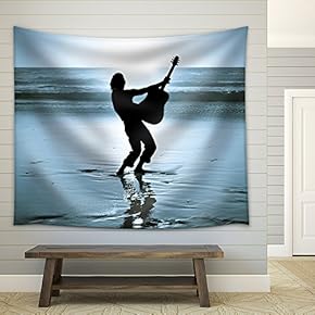 Guitar Player on The Beach at Night - Fabric Wall Tapestry Home Decor - 51x60 inches