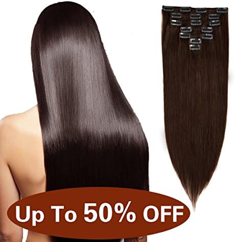Urbest hair Human Hair Clip on Extensions Double Weft 24" Brazilian Hair Clip in Extensions 100% Remy Hair Grade 8A 7Pieces/Lot 100g with 16Clips (24"-100g, Dark Brown #2)