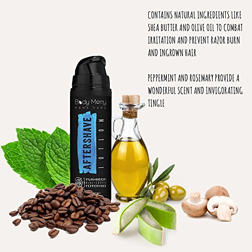 Body Merry Aftershave Lotion for Men Daily post shave moisturizer w natural aloe + sandalwood + peppermint to soothe sensitive skin - Pair with shave creams or gel - 4 oz