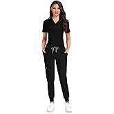 COMENII Scrubs for Women Set, V-Neck Scrub Top & Jogger Scrub Pants for Women with 11 Pockets, Comfortable Womens Scrubs