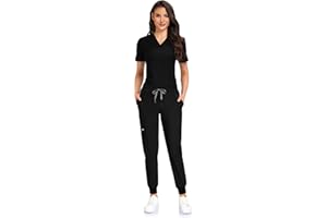 COMENII Scrubs for Women Set, V-Neck Scrub Top & Jogger Scrub Pants for Women with 11 Pockets, Comfortable Womens Scrubs