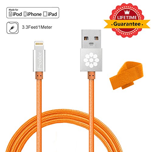 F-colorâ„¢ 1 Pack [Apple MFi Certified][Lifetime Warranty] 3.3 Feet 1 Meter Lightning Cable with Aluminum 8 pin Connector to usb data sync charger with Tangle-free Woven Jacket for iPhone 6(4.7) Plus(5.5) 5C 5S 5, iPad Air mini 4th Generation, iPod Touch 5th Generation Nano 7th, Orange