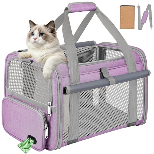 BTNEEU Foldable Cat Carrier Carrier Small Dog Carrier Airline Approved Breathable Carrier Bag with Inner Strap, Washable Soft Cushion and Adjustable Shoulder Strap (Purple)