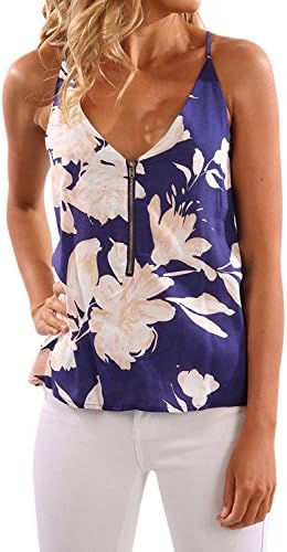 LOSRLY Women V Neck Floral Printed Spaghetti Strap Sleeveless Fron Zipper Cami Tank Tops-Blue XL 16 18