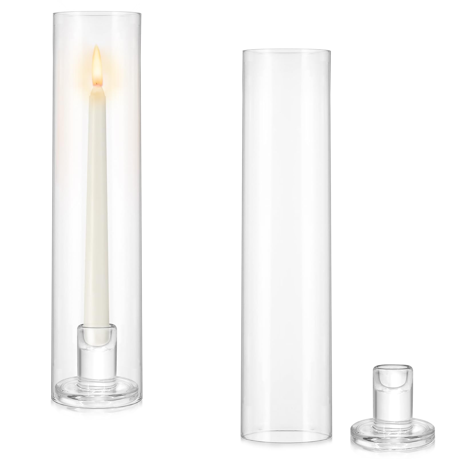 Photo 1 of Biuitug Hurricane Glass Candlestick Holders: Set of 2 Taper Candle Holder with Windproof Cylinder Covers 11.8 inch Tall Clear Candle Stick Holder Stand for Wedding Birthday Christmas Home Décor