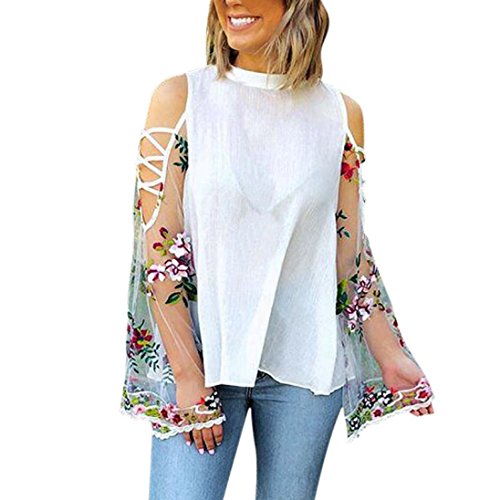 Click Here to See More Images NREALY Womens Cut Out Cold Shoulder Lace Floral Tops T-Shirt Summer Blouse Top Tee(Medium, White)