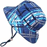Baby 50+ UPF Bucket Sun Hat with Chin Strap, Size Adjustable Aqua Dry ( S: 0 - 6m, Blue Plaid )