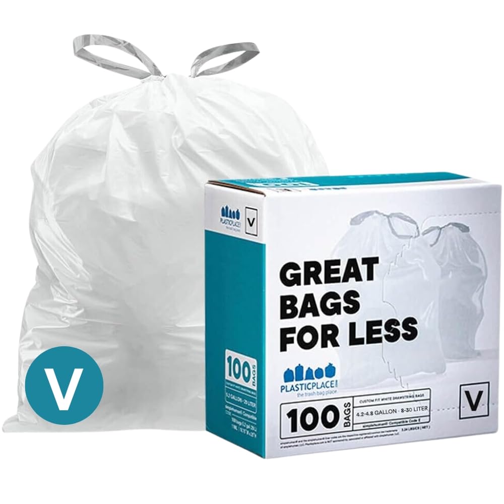 Photo 1 of Plasticplace Custom Fit Trash Bags, Compatible with simplehuman Code V (100 Count) White Drawstring Garbage Liners 4.2-4.8 Gallon/ 16-18 Liter, 14.5" x 27.5"