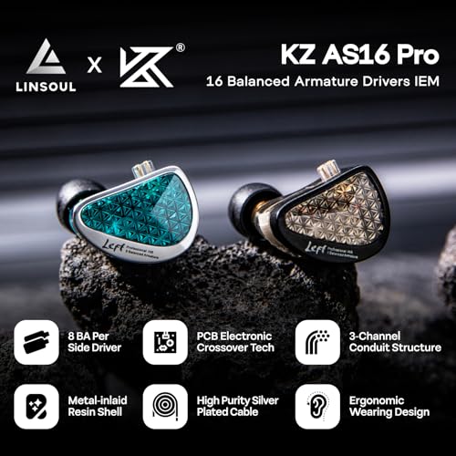 Linsoul KZ AS16 Pro Wired Earbuds, 16BA Balanced Armature HiFi Bass Earbuds with Detachable 0.75mm 2 Pin Cable (Black, No Micro)