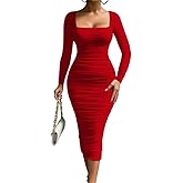 LAGSHIAN Women's Cocktail Bodycon Long Sleeve Square Neck Mesh Ruched Club Party Midi Dress