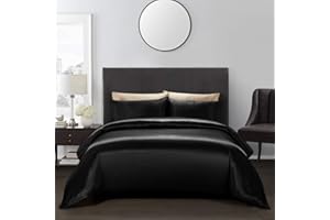 AiMay 3 Piece Satin Duvet Cover Set Bedding Sets Queen Black 1800 Series Luxury Rich Silk Silky Super Soft Solid Color Reversible Zipper Closure Sexy Honeymoon Wrinkle Free (Queen, Black)