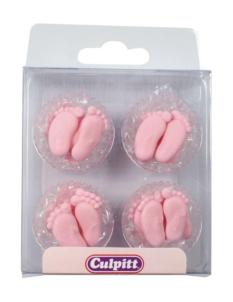 Culpitt Pink Pairs of Feet Sugar Piping Cake Decorations, Sugar Cupcake Toppers, Pack of 12