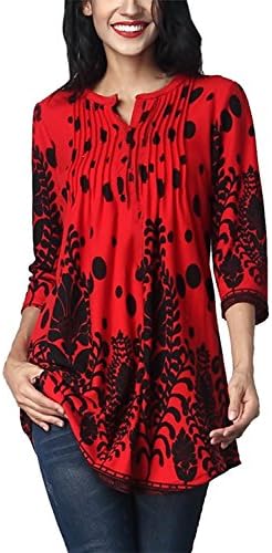 FIYOTE Womens Casual 3/4 Sleeve Floral Print Loose Tunic Long Blouse and Tops