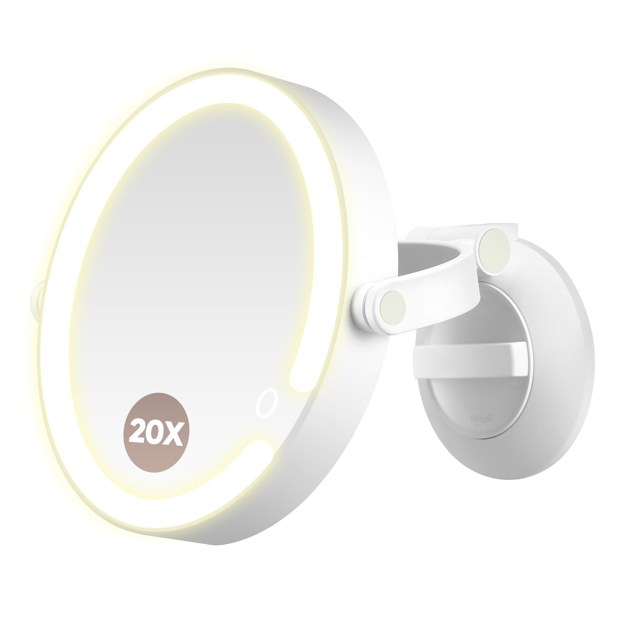 MOMOKUBA Magnifying Mirror with Suction Cups - Wall Mounted Magnifying Mirror with Light 1x/20x Magnification - 3 LED Lighting Modes, Rechargeable & Adjustable for Bathroom, Bedroom, Vanity