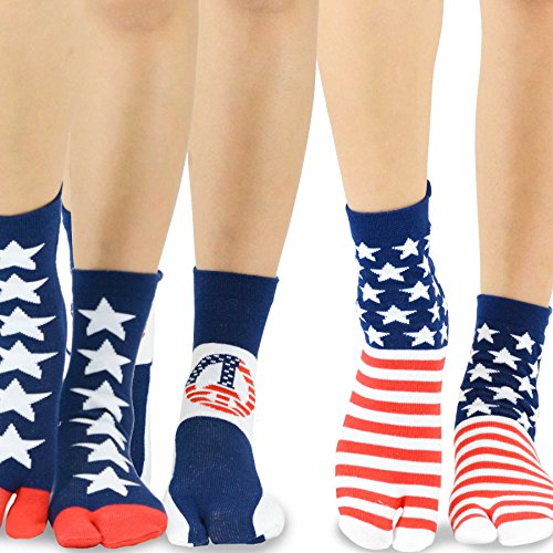 TeeHee Flip Flop Big Toe Cotton Socks 3-Pairs Pack (American Flag)