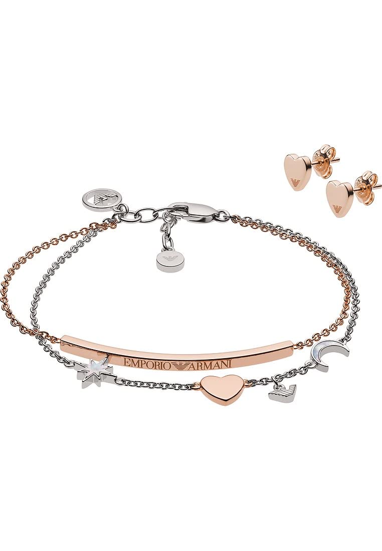Emporio Armani Set for Women , Size Stud: 8x7x2mm; Length Bracelet: 160mm + 20mm; Size Bar: 40x3x2mm; Size Star: 8x8x2mm; Size Heart: 7x7x2mm; Size Moon: 7x6x2mm Rose Gold Sterling Silver Set, EG3417221