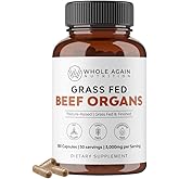 Whole Again Nutrition Grass Fed Beef Organs - Freeze-Dried - Pasture-Raised - 180 Capsules, 3000mg per Serving - Supplement -30 Servings