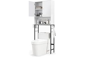 Tangkula Over The Toilet Storage Cabinet, Freestanding Toilet Rack w/ 2 Doors, Adjustable Shelf, Adjustable Bottom Bar, 2 Sid
