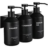 JANXIN Shampoo and Conditioner Dispenser Set of 3 for Wall Mount,16.9 fl oz Drill Free Shower Soap Bottles with Labels,Refillable Body Wash Dispensers for Bathroom Decor (Black Bottles +Black Pumps)