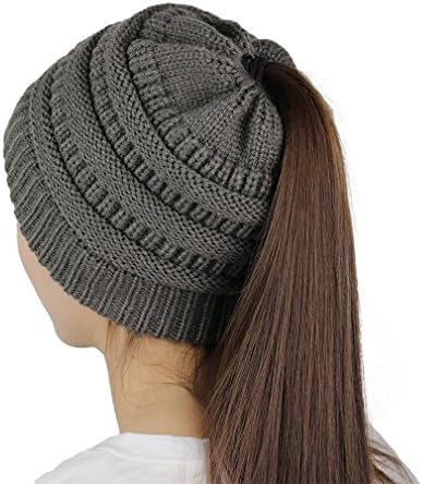 Sven Home Trendy Warm Chunky Soft Stretch Cable Knit Slouchy Beanie Tail Messy High Bun Ponytail Beanies Skully Hat (Dark Grey)