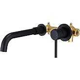 YardMonet Wall Mount Bathroom Faucet Matte Black, Single Handle Wall Mounted Bathroom Sink Faucet, 360° Swivel Solid Brass Long Spout, Rough-in Valve Included
