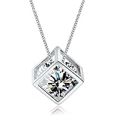 Crystalline Azuria Rhombus Cube Pendant Necklace with White Zirconia Crystals 18K White Gold Plated for Women 18 inches