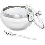 KooK Large Sugar Bowl, Stainless Steel with Glass Lid, Includes Stainless Steel Spoon, Holds 2 Cups of Sugar, 16.9oz