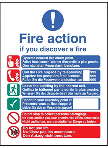 Caledonia Signs 11436E Multi-lingual Fire Action Manual Lift Sign, Rigid Plastic, E: 200 mm x 150 mm