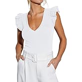 BONITEE Women Summer Ruffle Tops Sexy Deep V Neck Short Sleeve Shirts Trendy Casual Ribbed Slim Fitted Knit Tees Blouse