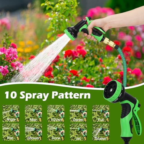 Expandable Garden Hose with 10-Pattern Spray Nozzle | 3-Layer Latex Flexible Water Hose Heavy Duty | 3/4" & 1/2" Solid Brass Connectors Leak-Proof | No-Kink Lightweight Retractable Hose (100FT/30M)