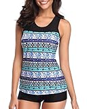 F-Tempt Racerback Tankini Set Mesh Mandala Printed Athletic Top with Boyshort Bikini Set Two Piece Swimsuits for Women