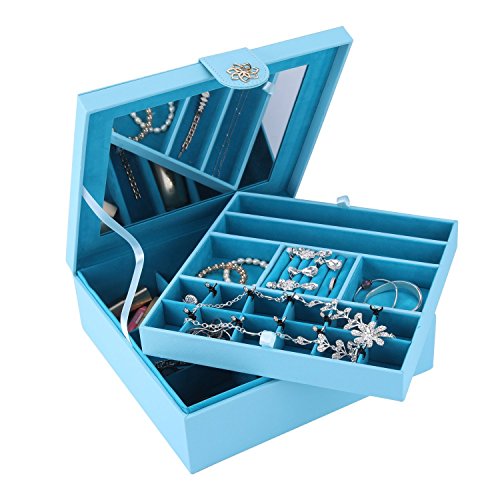 Smonet Jewelry Box - 28 Section Jewelry Organizer with Modern Buckle Closure, Large Mirror & 2 Trays for Women Teens & Girls - Holder for Earring Ring Necklace Bracelet & Watch (PU Leather, Blue)