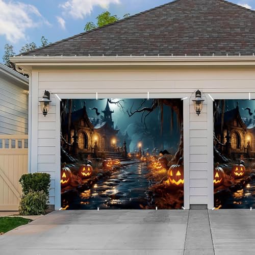 ChloropLastid Halloween Garage Door Cover 7x8ft Scary Haunted Castle Backdrop Horror Pumpkin Lantern Halloween Garage Door Decorations Banner Night Creepy Forest Party Decor at Amazon