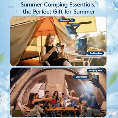 Shayson Portable Fan 20000mAh Camping USB Fan with LED Light, 4 Speeds, 12-43 Hours of Operation, Smart Display, Low Noise, for Office/Home/Travel/Camping (Black)