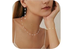 FUNRUN JEWELRY 14K Gold Plated Pearl Necklace Set for Women - Adjustable Choker, Bracelet, Drop Earrings - Dainty Wedding Jewelry