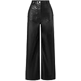 MakeMeChic Women's Leather Pants High Waist Wide Leg Pants Elastic Straight Party Trousers with Pockets