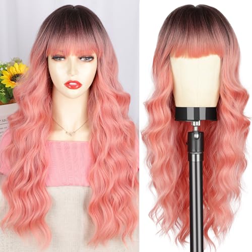 POPTAIYU Ombre Pink Wig with Bangs Long Wavy Wig With Air Bangs Silky Full Heat Resistant Synthetic Hair Pink, Hair Replacement Natural Looking Wigs for Christmas/Cosplay/Party 26 Inches(Ombre Pink)