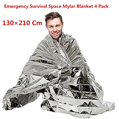 Emergency Mylar Survival Blankets Space Blanket Ultra Durable Car Kit Emergency Sleeping Bag Shelter Kit Camping Hiking Earthquake Keep Warm Blanket 130×210 4Pack