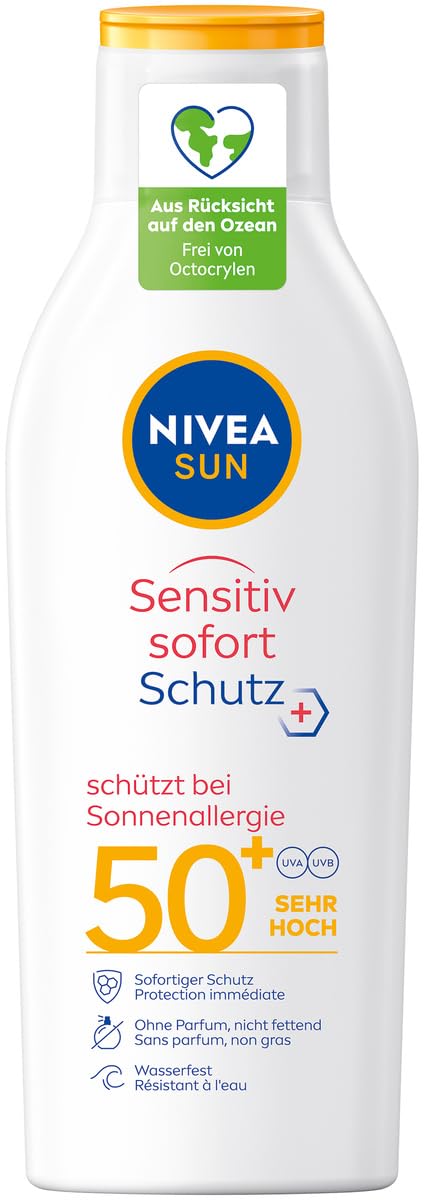 NIVEA SUN Sensitiv instant protection sun lotion in a pack of 1 (1 x 200 ml), sun lotion with SPF 50+ for sensitive skin, waterproof sun protection for sun allergies