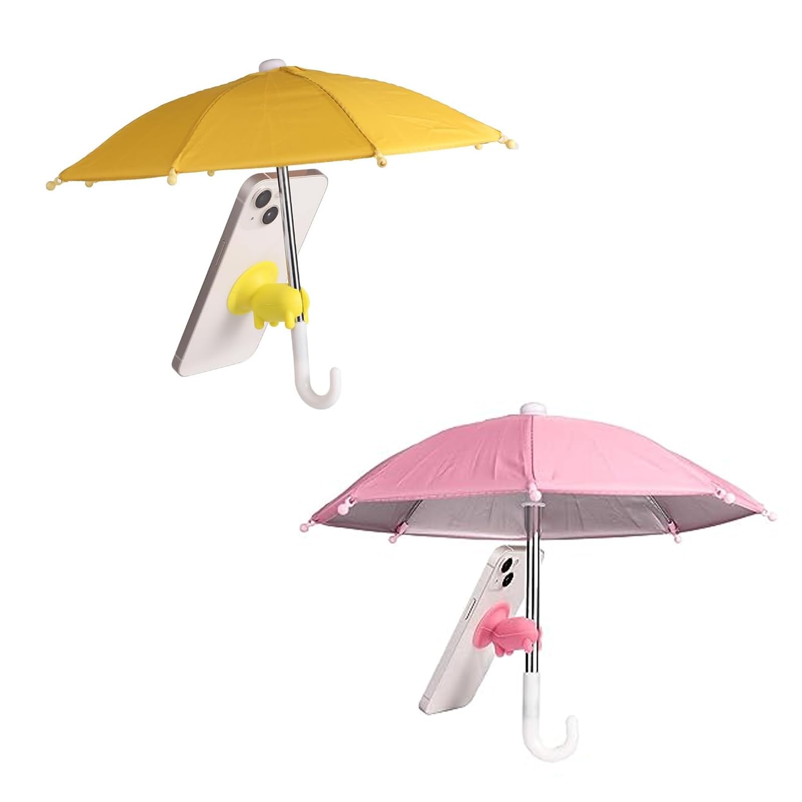 hautllaif 2pcs Cell Phone Umbrella for Sun Shade, Universal Adjustable Cute Phone Shade Umbrella with Piggy Style Suction Cup, Outdoor Anti-Glare Stand Sun Visor (Yellow & Pink)