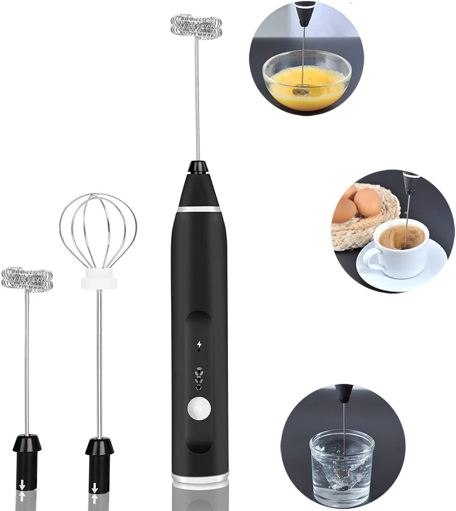 YMJJ Electric Milk Frother, Handheld Foam Maker 3 Speeds Egg Beater Drink Mixer with 2 Spring Whisk Heads, USB Rechargeable Mini Blender