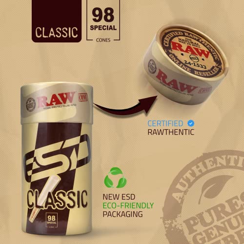 RAW Cones Classic 98 Special 100 Pack Natural Slow Burning Pre Rolled Rolling Papers with